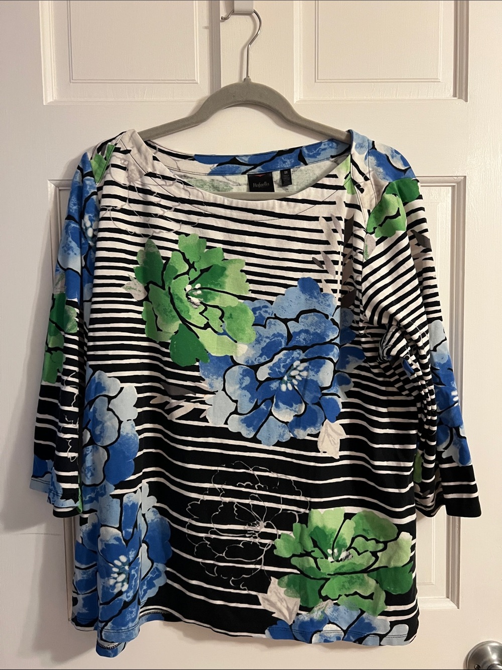 Rafaella Striped Floral Boatneck Top in Blue and Green